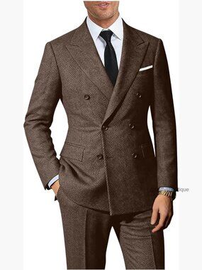 Double Breasted Tweed Suit Set, Wool Blend, Slim Fit, Wedding Prom Business